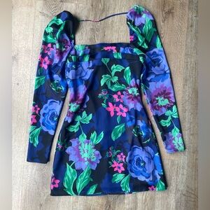 AFRM Floral Bodycon Mini Dress XXS – Bold Blue & Green Puff‑Sleeve boho cottage
